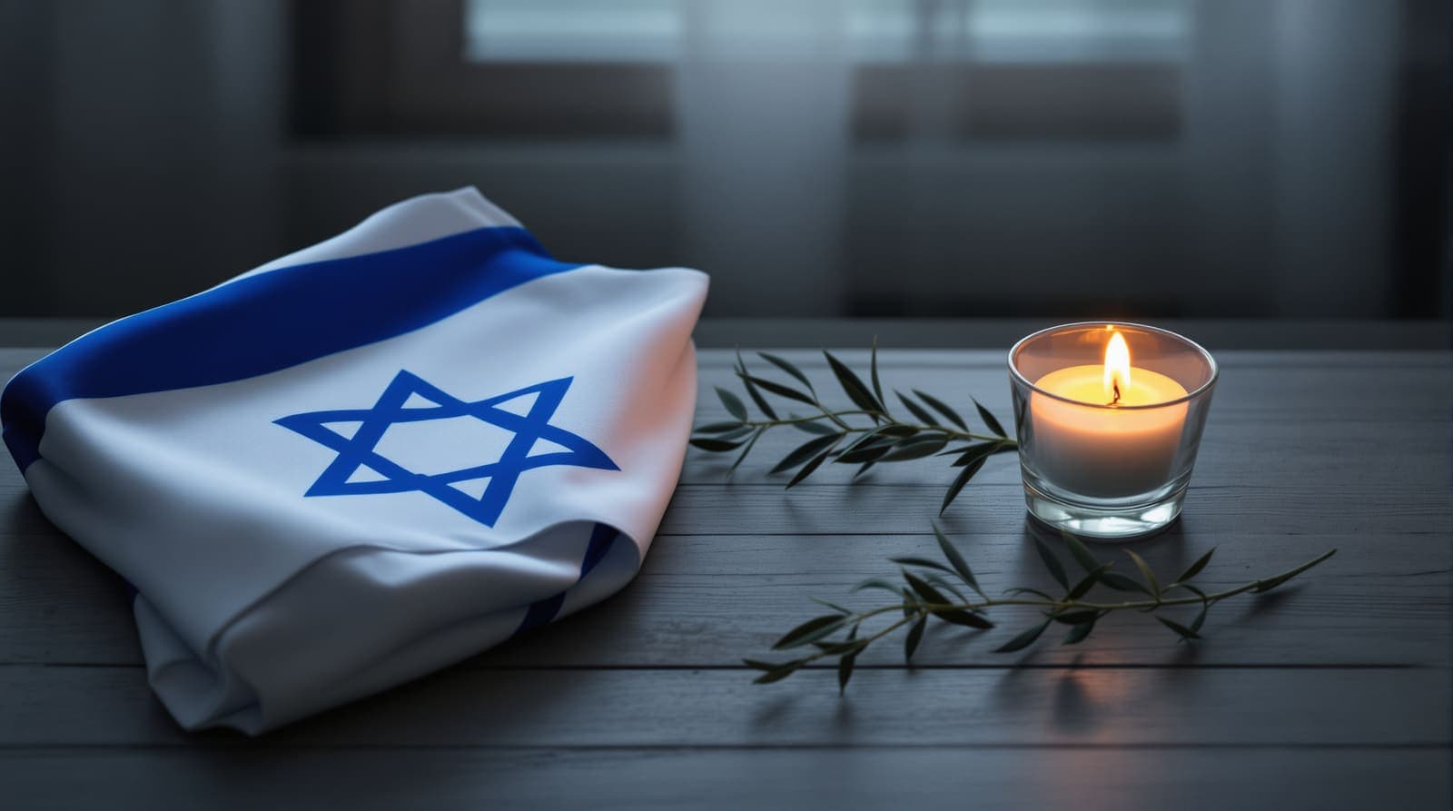 Illustration of a folded Israeli flag, a lit remembrance candle and an olive sprig on a wooden table in soft dawn light.