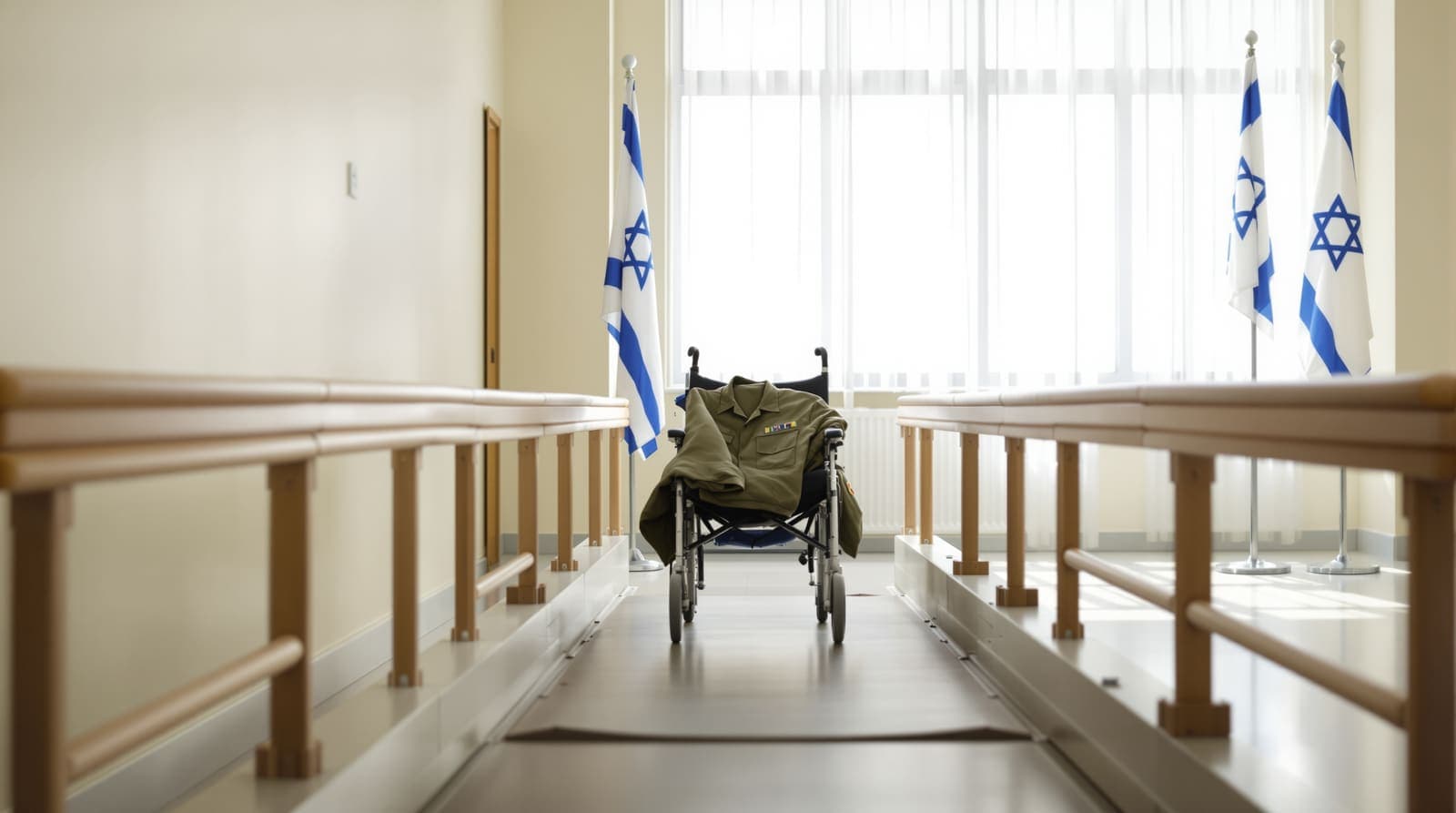 Illustration of parallel wooden walking rails in a rehabilitation gym with an empty wheelchair, a folded army jacket and an Israeli flag by the window.