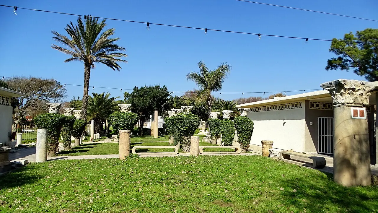 The museum's courtyard at Kibbutz Sdot Yam, with ancient columns standing on the lawn