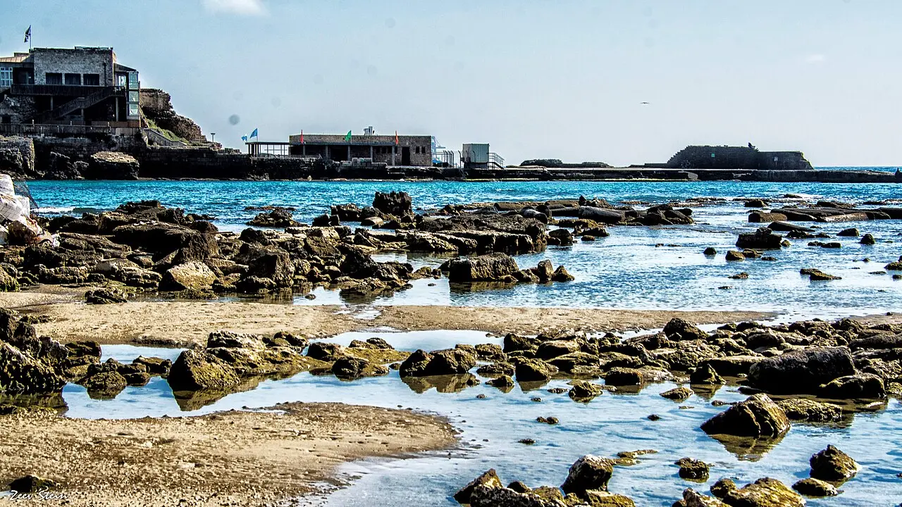 Caesarea's old harbour seen across the rocks at low water