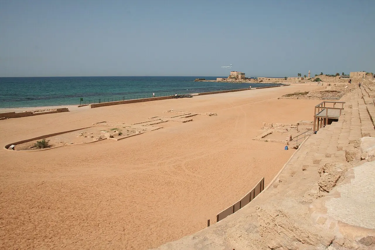 The long floor of the hippodrome at Caesarea, running beside the sea