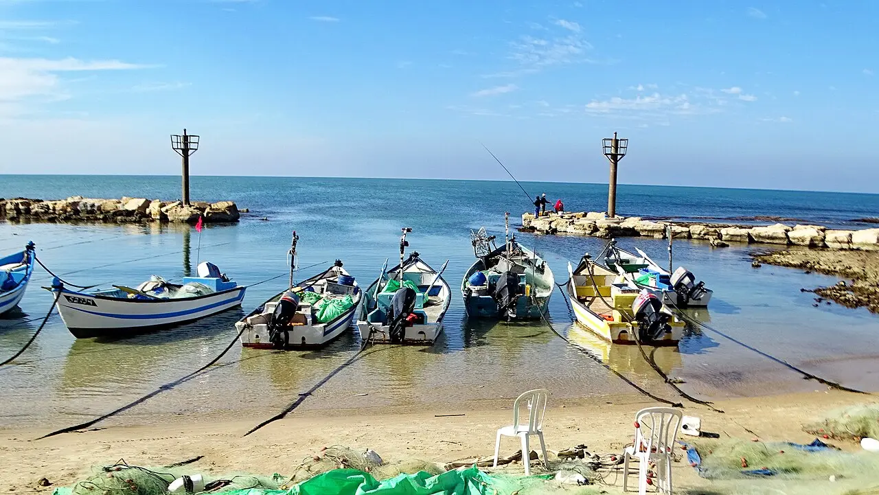 Fishing boats moored in the small harbour of the fishing village at Jisr az-Zarqa