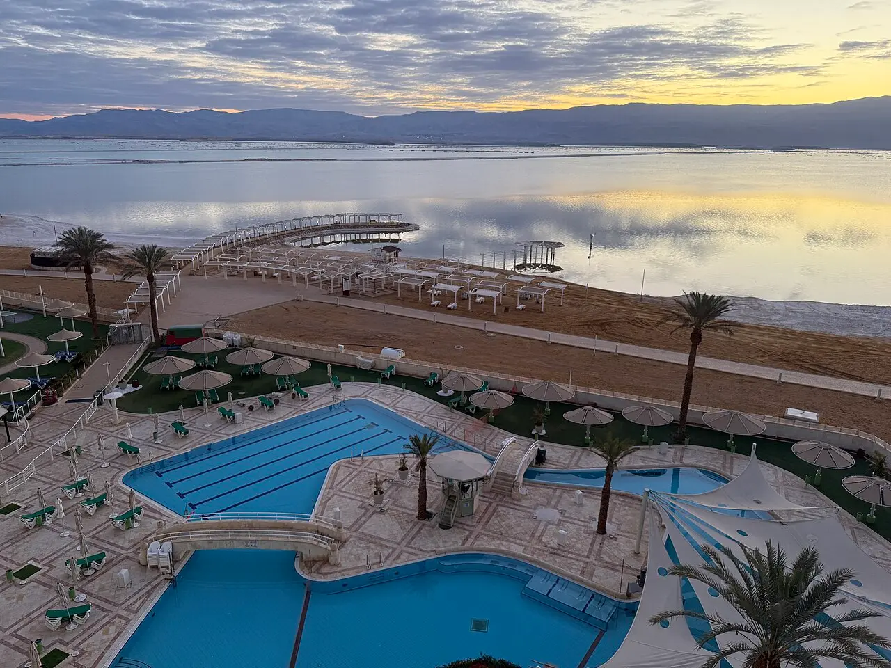Hotel pools and the beach at Ein Bokek, seen from above
