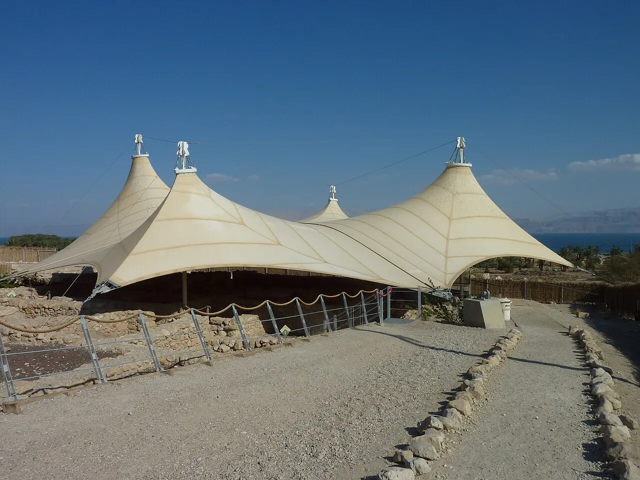 The white canopy that shelters the ancient synagogue at Ein Gedi