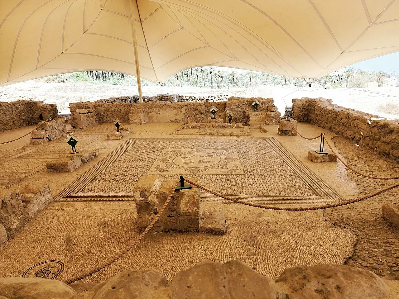 The synagogue's hall at Ein Gedi, its mosaic floor roped off under the canopy
