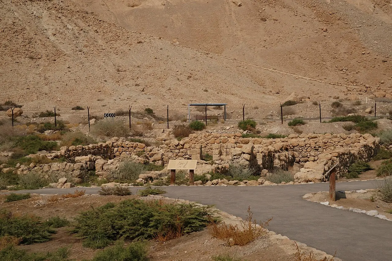 The excavated remains of the ancient farm at Einot Tzukim, below the desert cliffs
