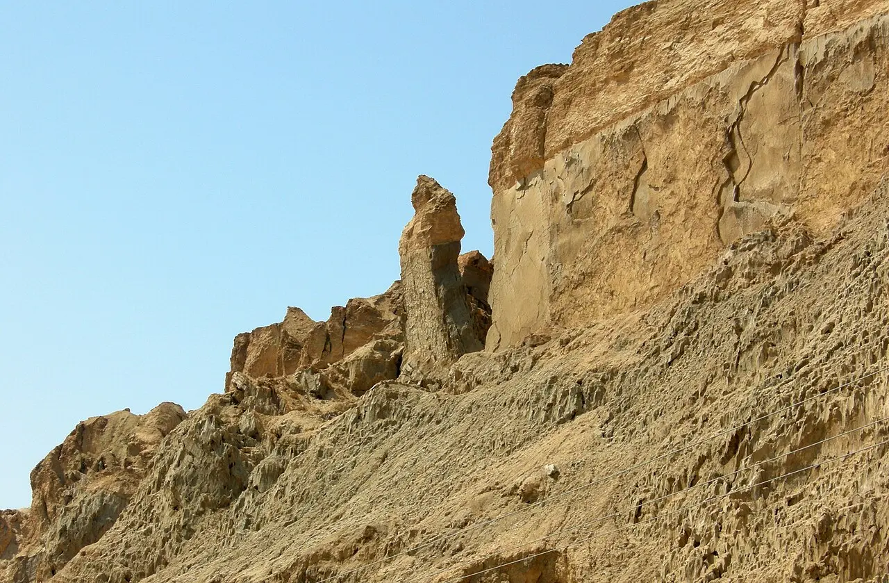 The rock pillar known as Lot's Wife on the flank of Mount Sodom