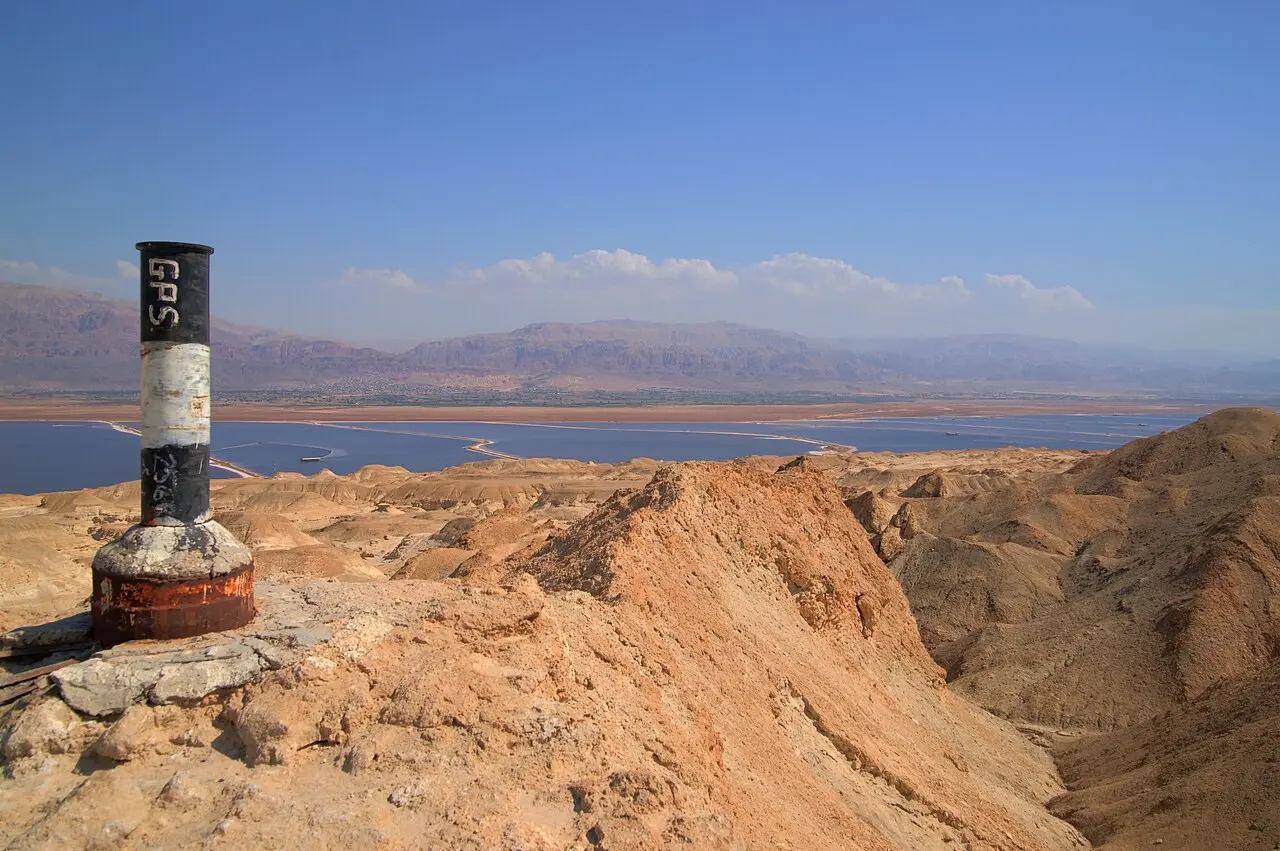 A survey post on the top of Mount Sodom, the Dead Sea below