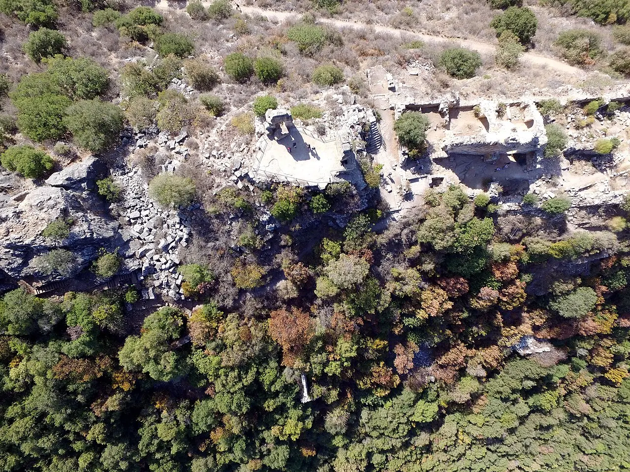 The excavated ruins of Montfort Castle from directly above