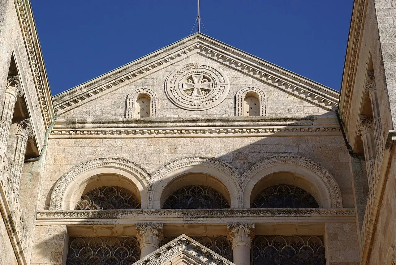The gable and arches of the Church of the Transfiguration's west front