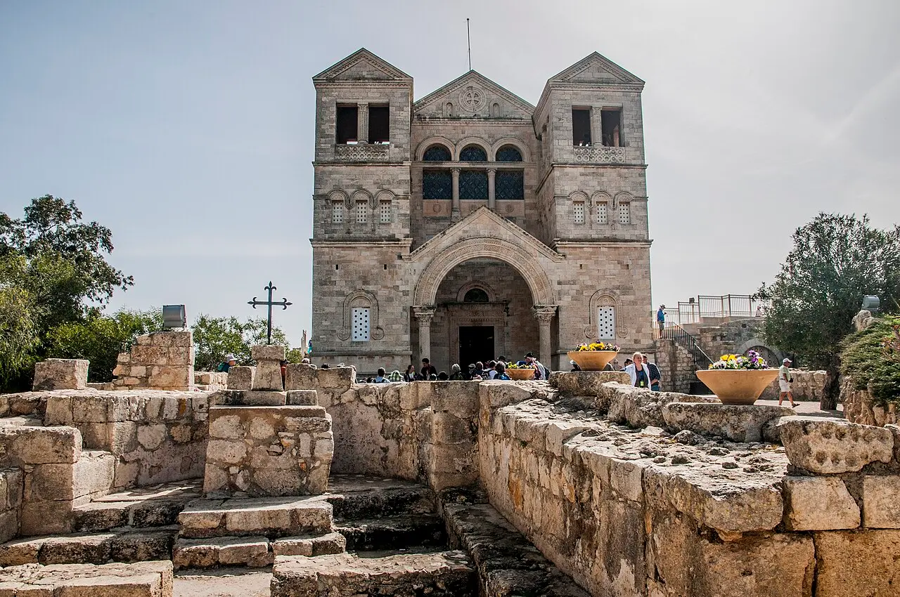 The Church of the Transfiguration behind the ruins of earlier buildings on Mount Tabor's summit