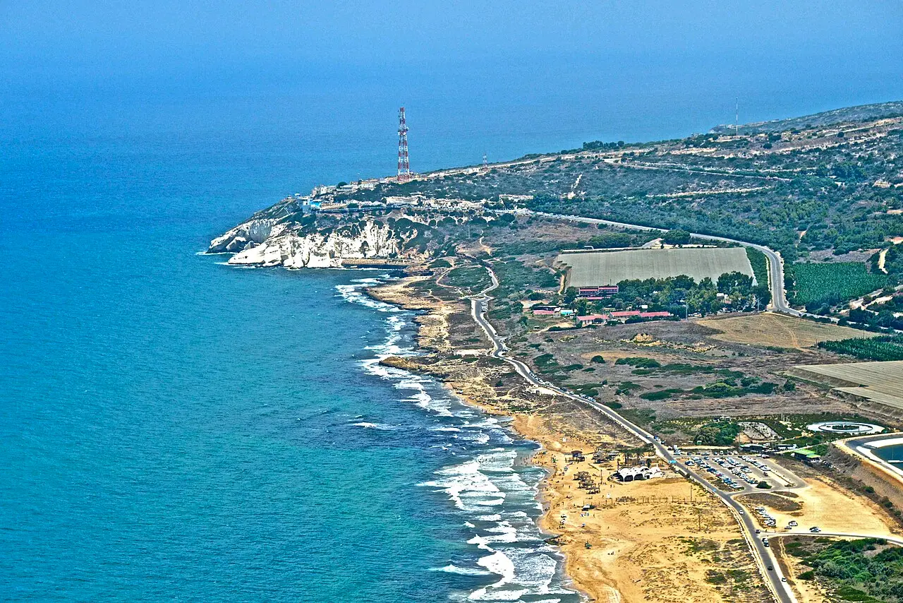 The white headland of Rosh Hanikra and the coast running south, from the air