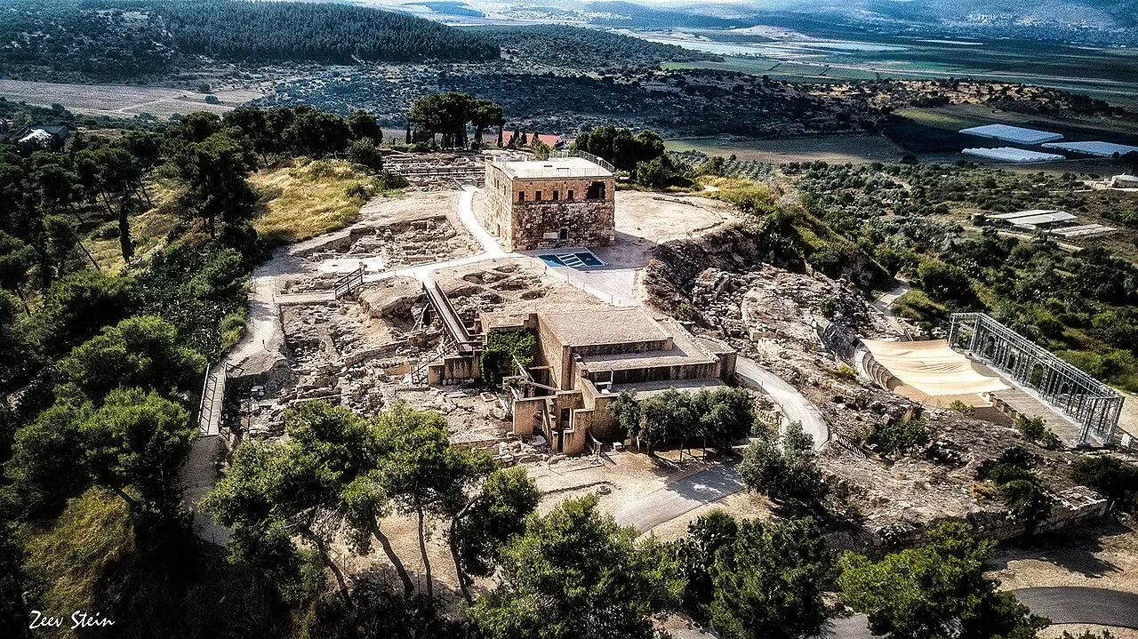 The citadel and the excavated hilltop at Zippori from the air
