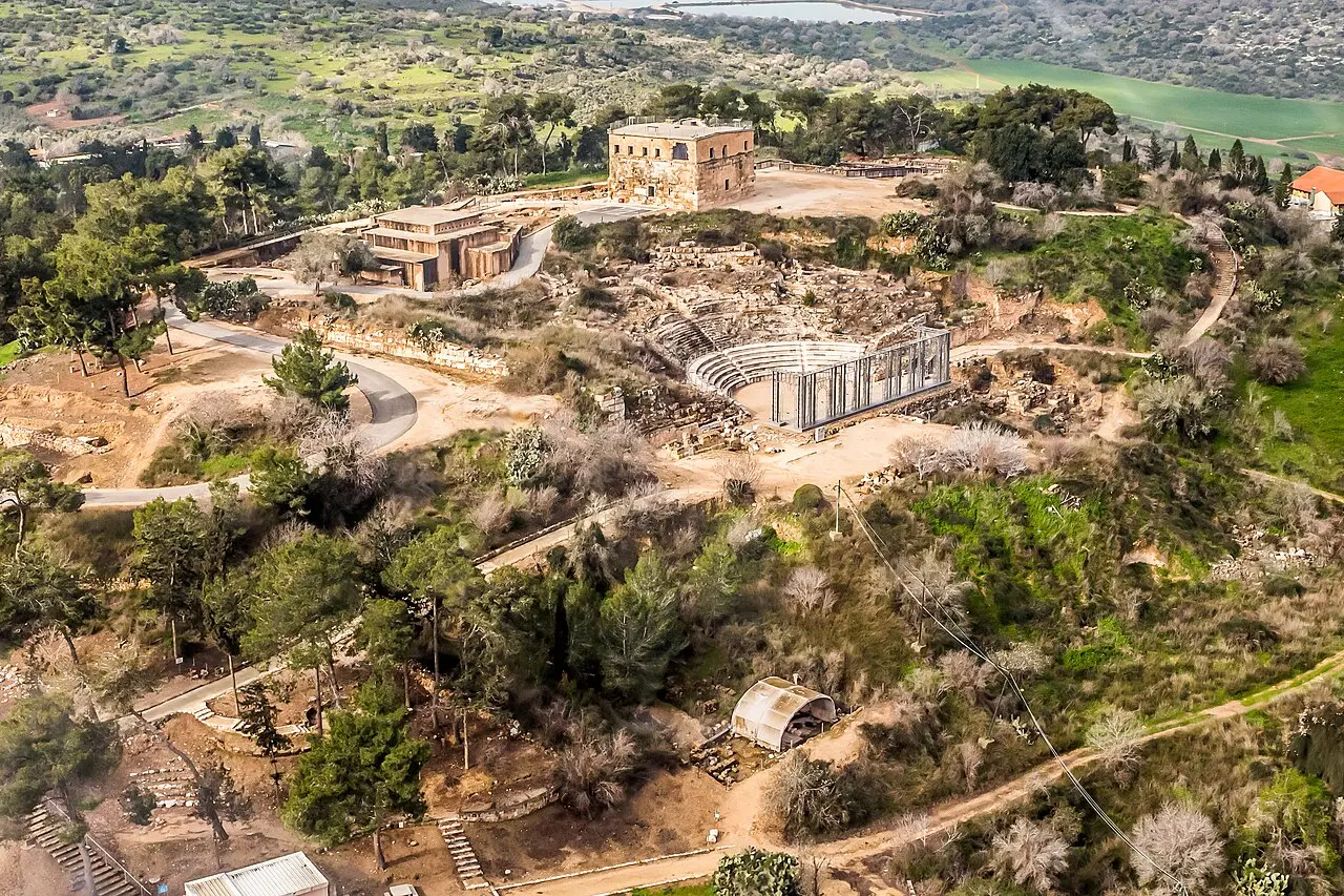 Zippori from the air, the Roman theatre below the hilltop citadel