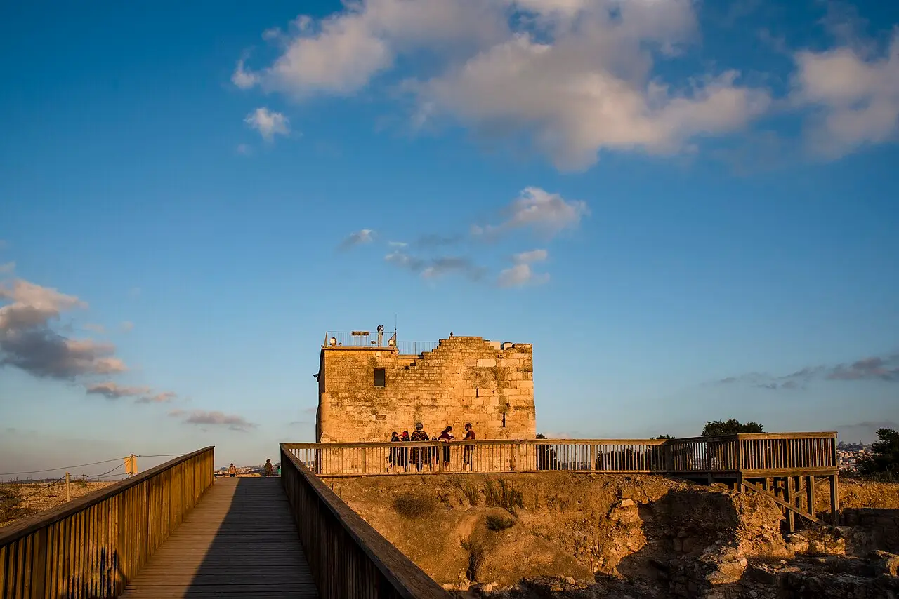The hilltop citadel at Zippori at sunset, a boardwalk leading to it