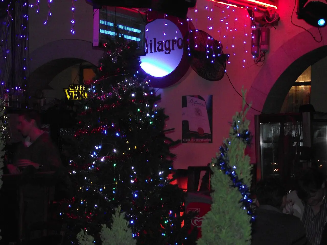A restaurant front in Haifa's German Colony lit up for Christmas