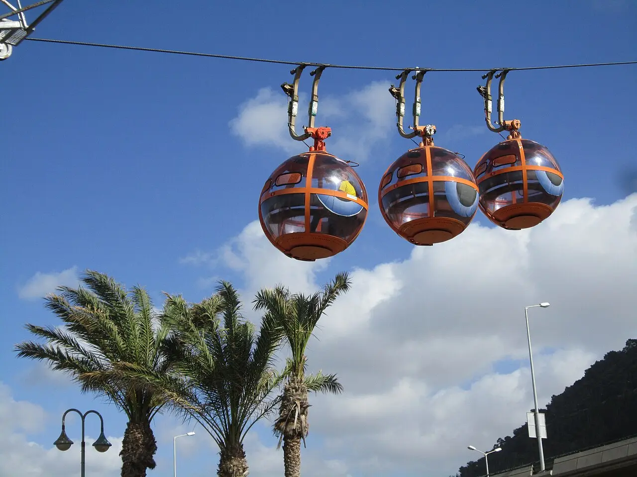 Three of the cable car's round cabins above the palms at Bat Galim