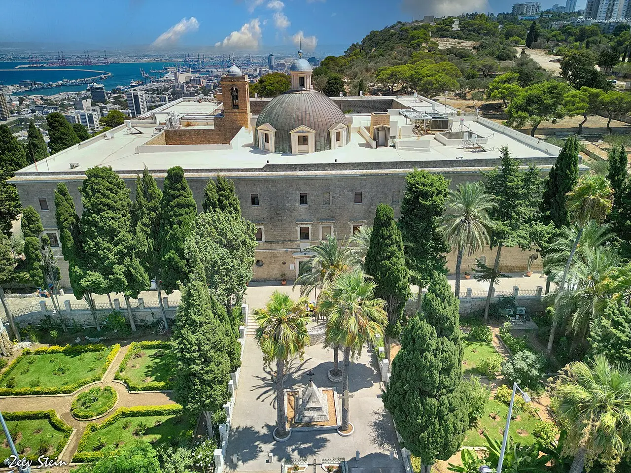 The Stella Maris monastery from above, its dome rising over the square stone block