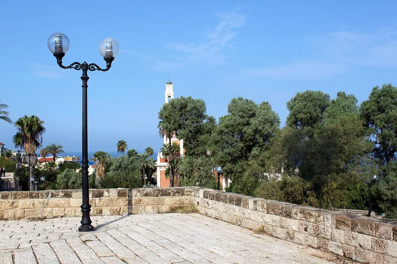 A paved terrace in HaPisga Garden, the bell tower of St Peter's above the trees