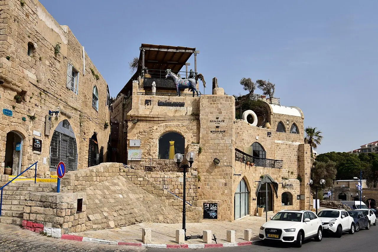 The stone building of the Ilana Goor Museum in Old Jaffa, seen from the lane below