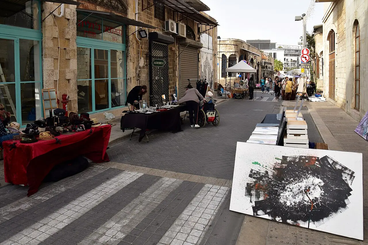 Stalls laid out along Rabbi Pinhas Ben Ya'ir Street in the Jaffa flea market