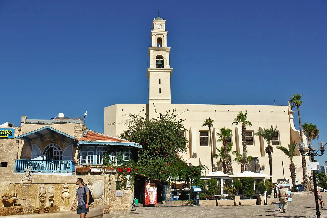 Kedumim Square in Old Jaffa with St Peter's Church and its bell tower at the far end