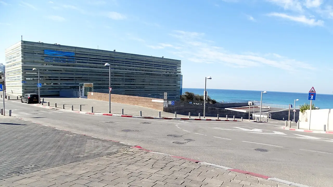 The Peres Center on the Jaffa shore, the sea just beyond it