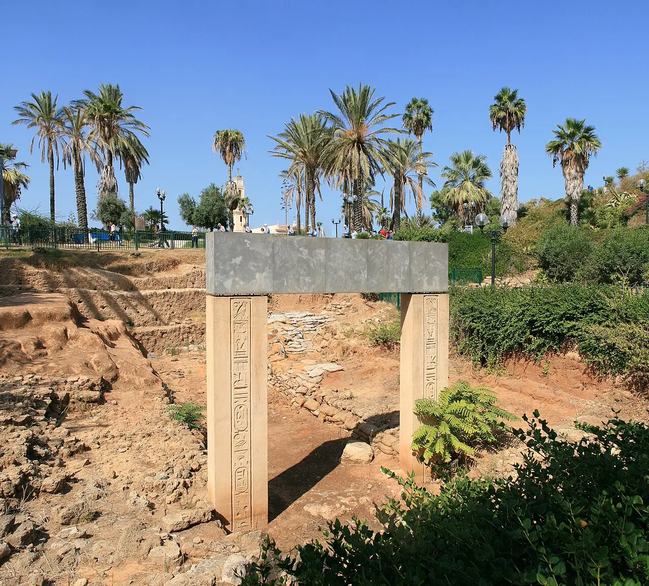 The replica of the Ramses II gate standing over the excavation in Jaffa