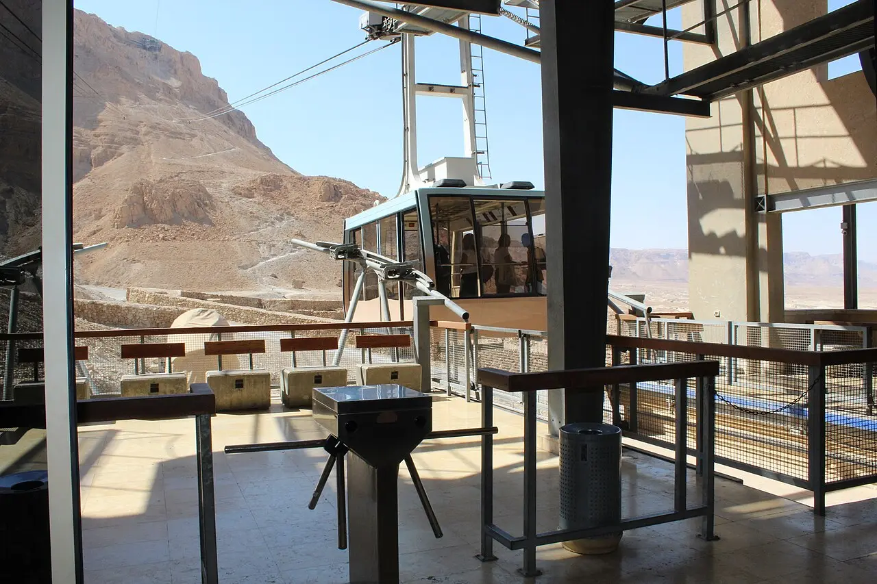 A cabin docked at the station platform of the Masada cable car