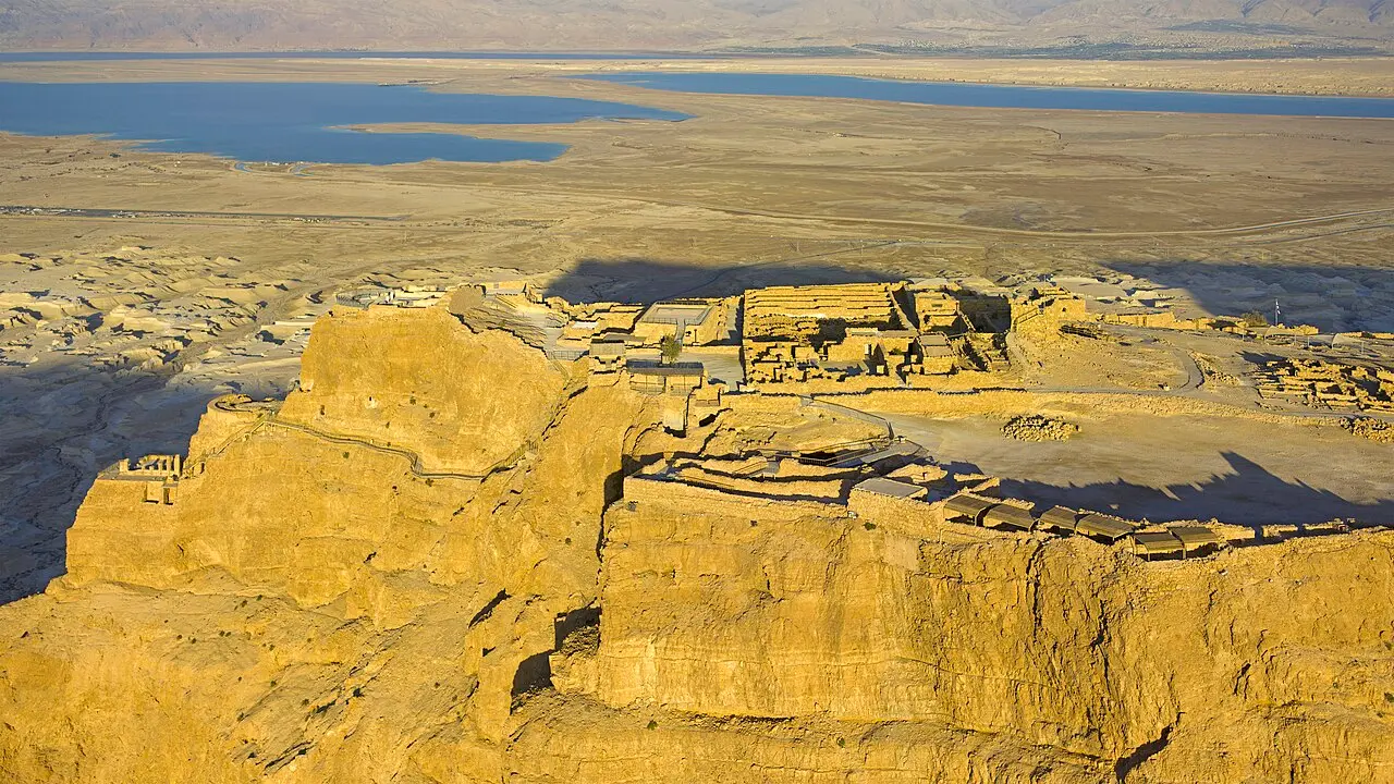 The three terraces of Herod's Northern Palace stepping down the north face of Masada, from the air