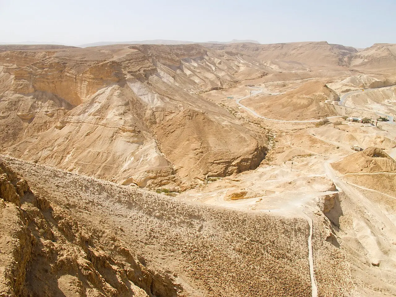 The Roman ramp rising against the western cliff of Masada, seen from the top
