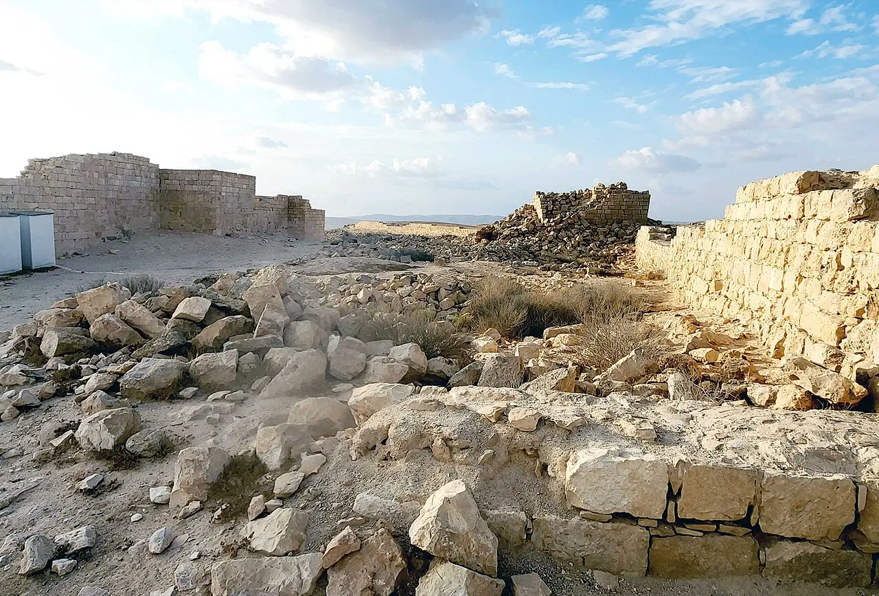 Tumbled stone and rebuilt walls on the hilltop at Avdat