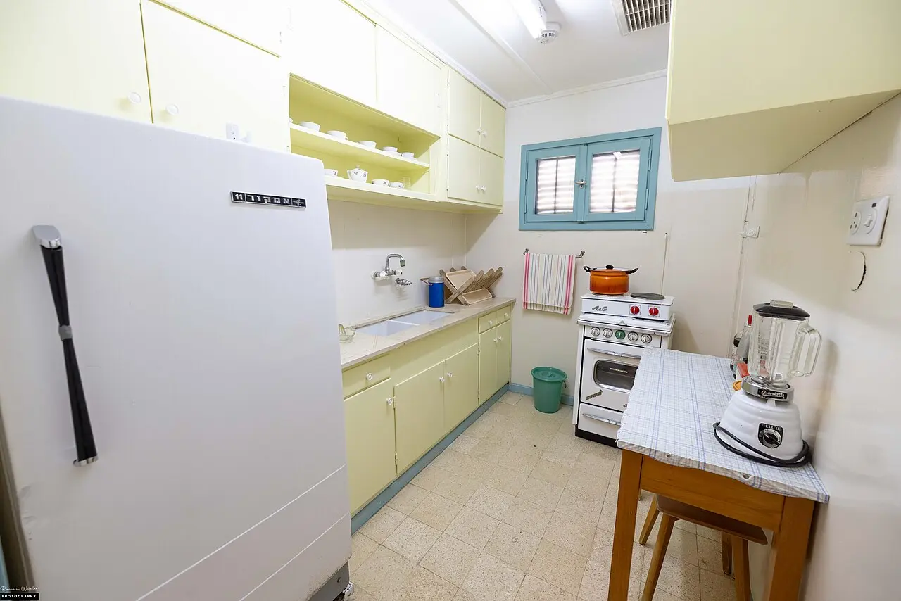 The kitchen of Ben-Gurion's hut, with its refrigerator and stove