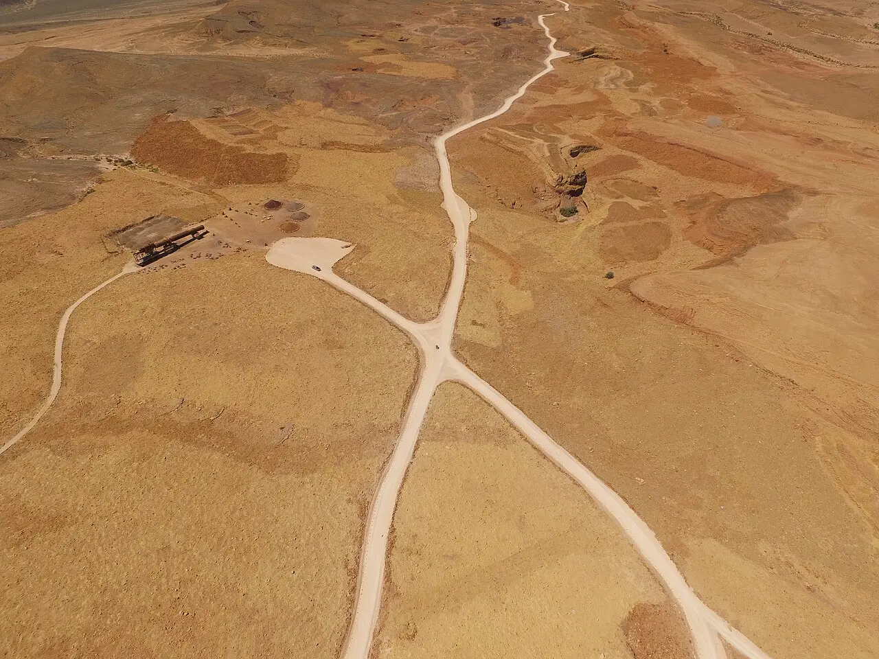 Dirt roads crossing the floor of Makhtesh Ramon, from the air