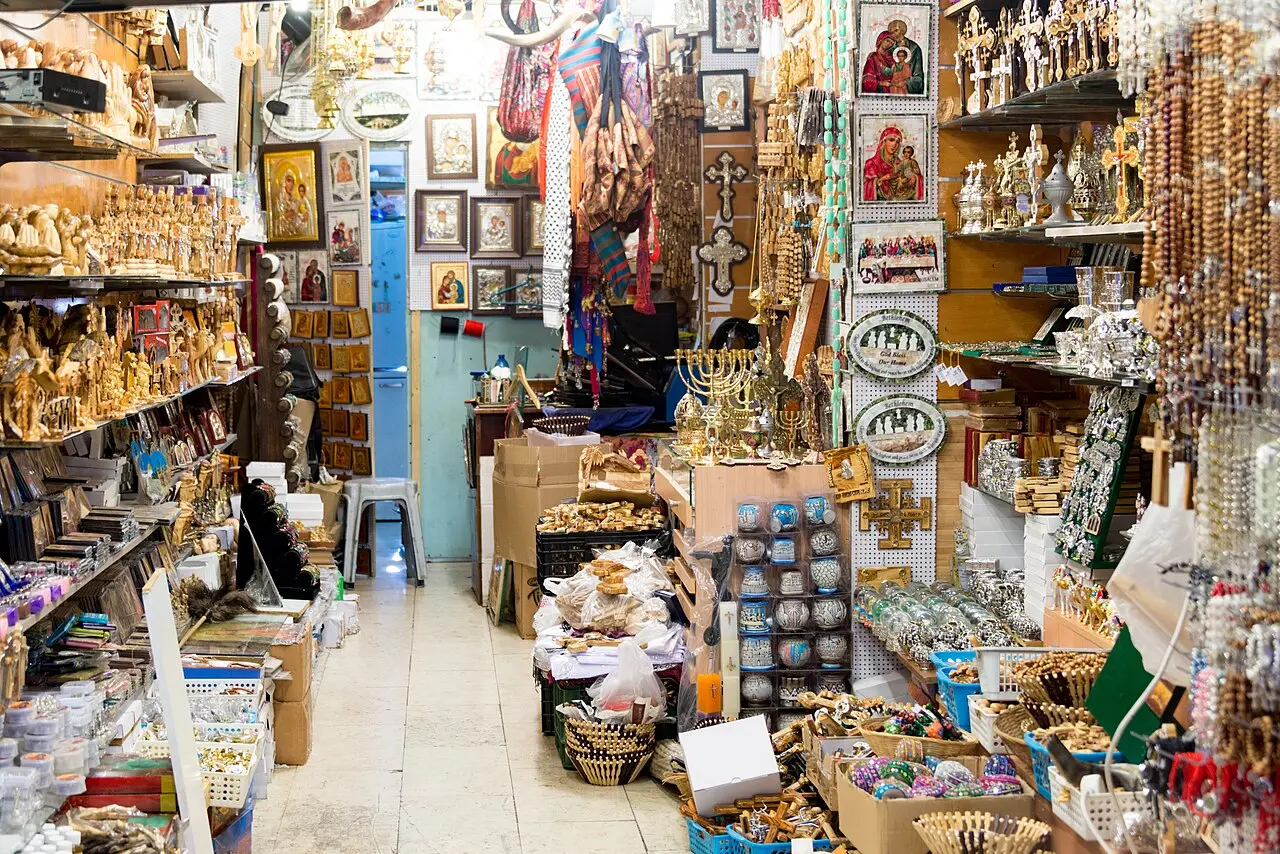 A shop of devotional souvenirs in the Old City market near the Holy Sepulchre
