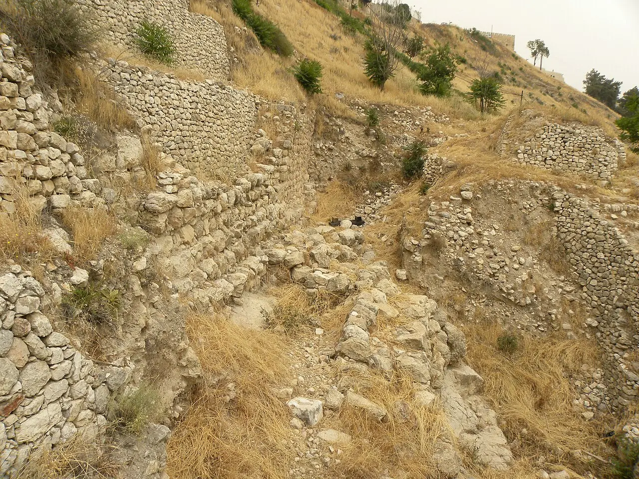 Ancient walls stepping down the eastern slope of the City of David