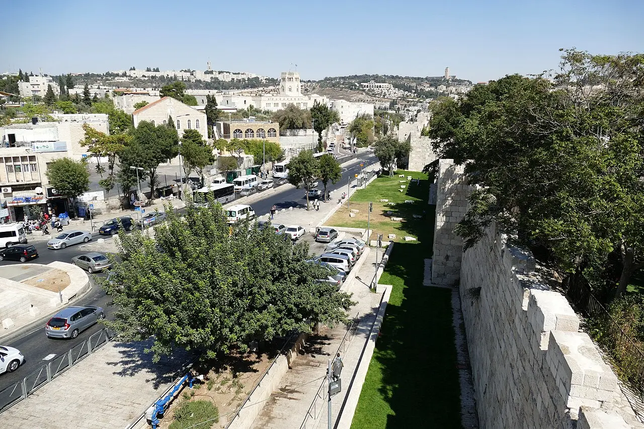 The city wall running east from Damascus Gate, seen from the walkway on top