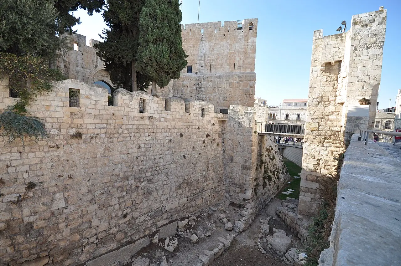 The towers and crenellated walls around the courtyard of the Tower of David citadel