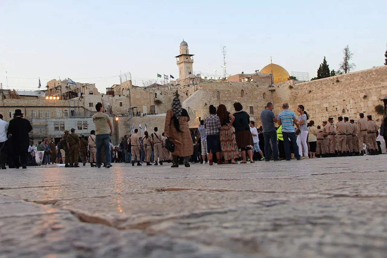 Worshippers gathered in the Western Wall plaza toward evening