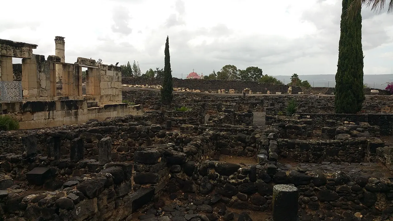 The white limestone columns of the synagogue at Capernaum above the black basalt houses