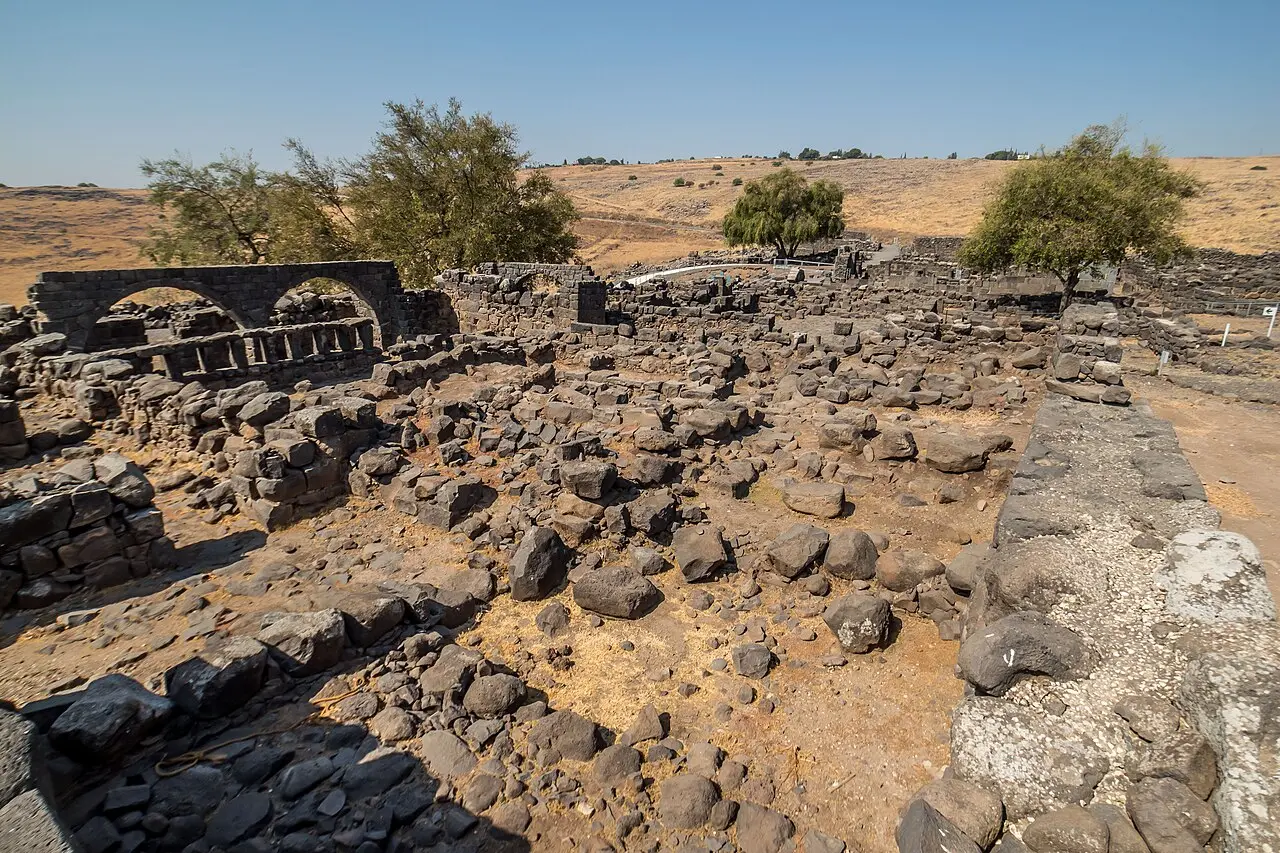 The black basalt ruins of Korazim, the synagogue standing at the back