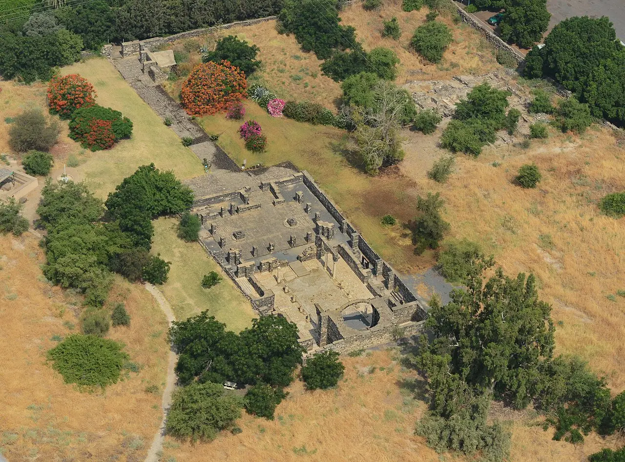 The walled monastery compound at Kursi from the air