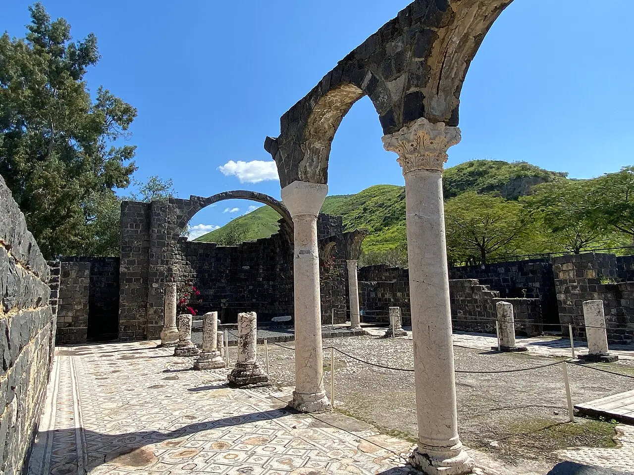 Re-erected columns and an arch in the Byzantine church at Kursi