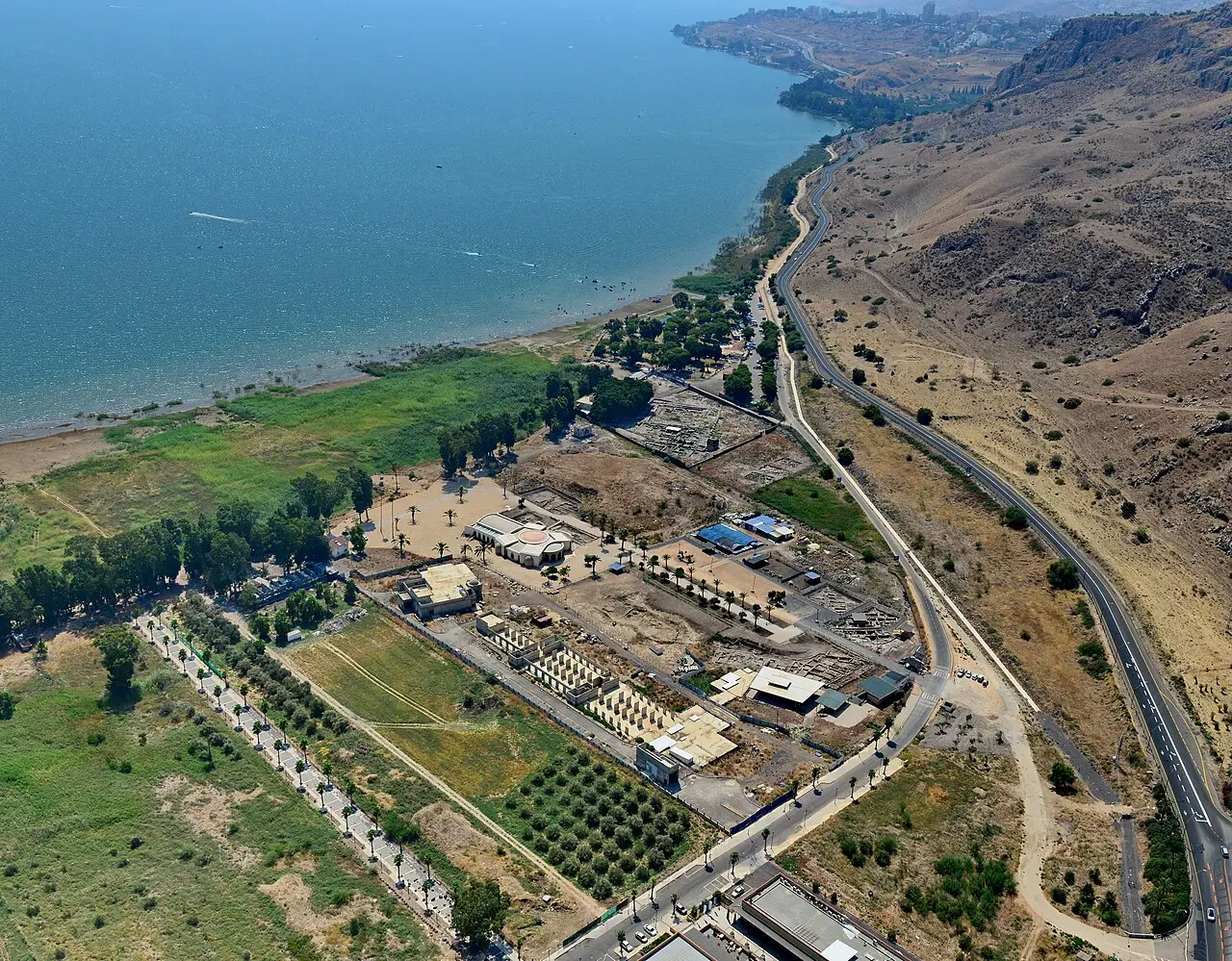 Magdala from the air, between the Sea of Galilee and the road below Mount Arbel