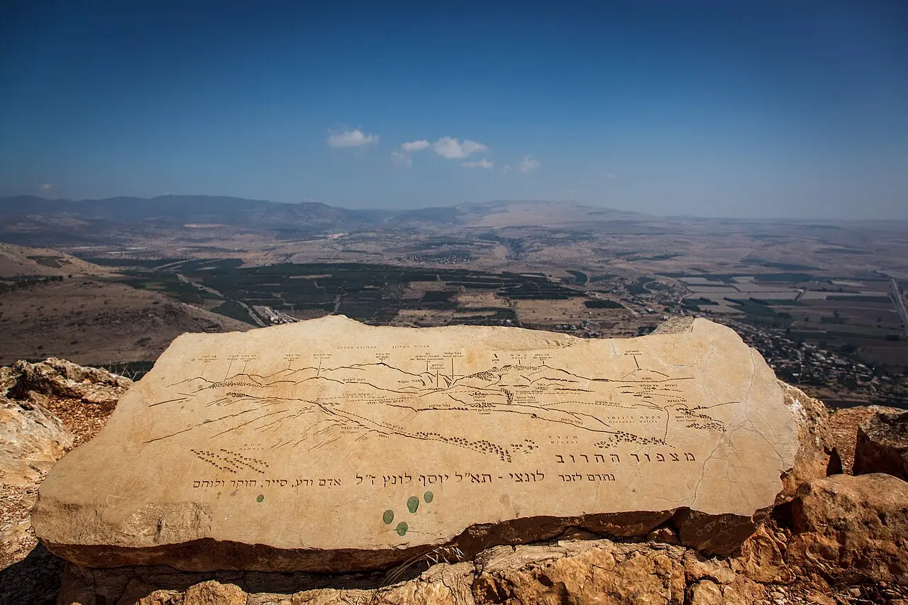 A carved stone relief map at the lookout on Mount Arbel