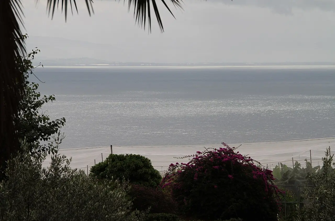 The Sea of Galilee seen from the gardens on the Mount of Beatitudes