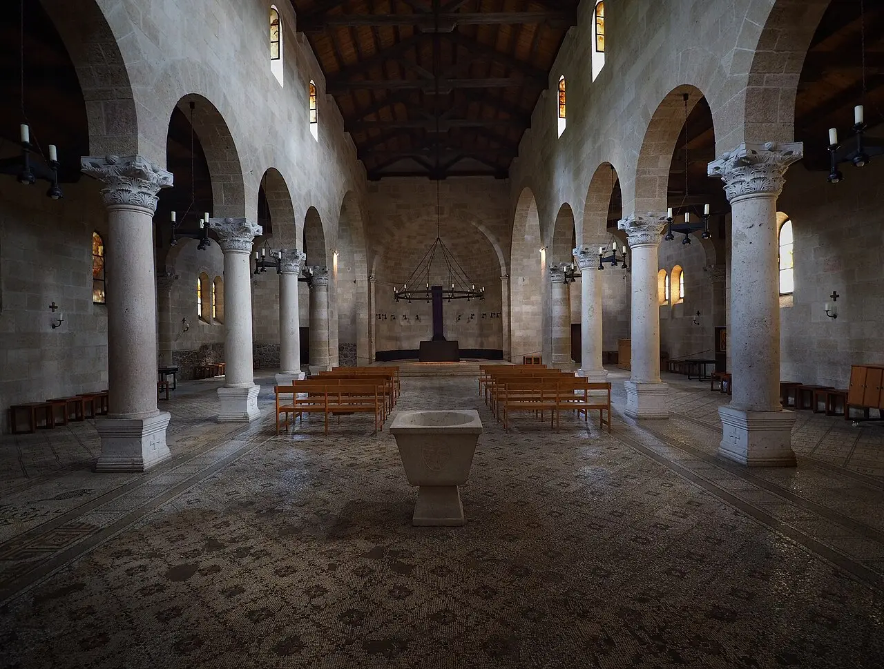 The nave of the Church of the Multiplication, its arcades carried on stone columns