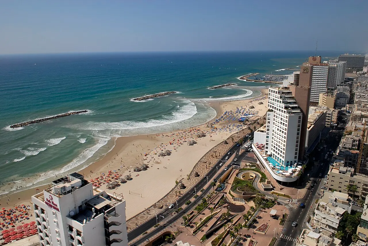 Breakwaters offshore sheltering the sand of a Tel Aviv beach, seen from a tower in 2008